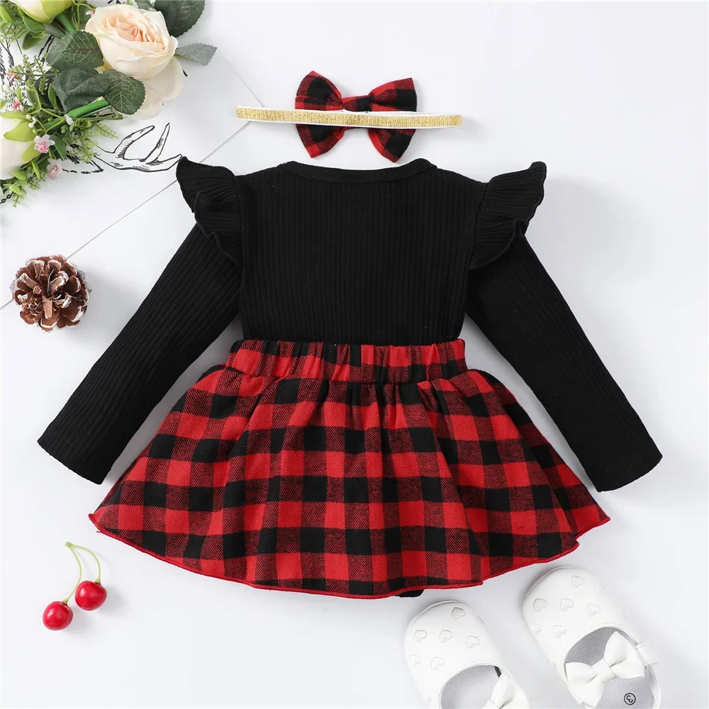 0-18 Months Newborn Baby Girls Christmas Dress Long Sleeve Patchwork Plaid Romper+Headwear Infants Holiday Party Autumn Clothing