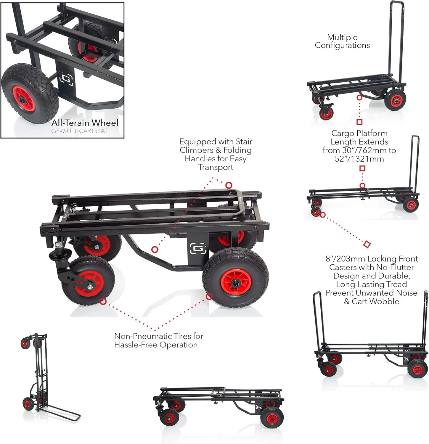 Carrito multiusos plegable para todo terreno, estructura con extensión de 30-52 "y capacidad de carga de 500 libras (GFW-UTL-CART52AT)