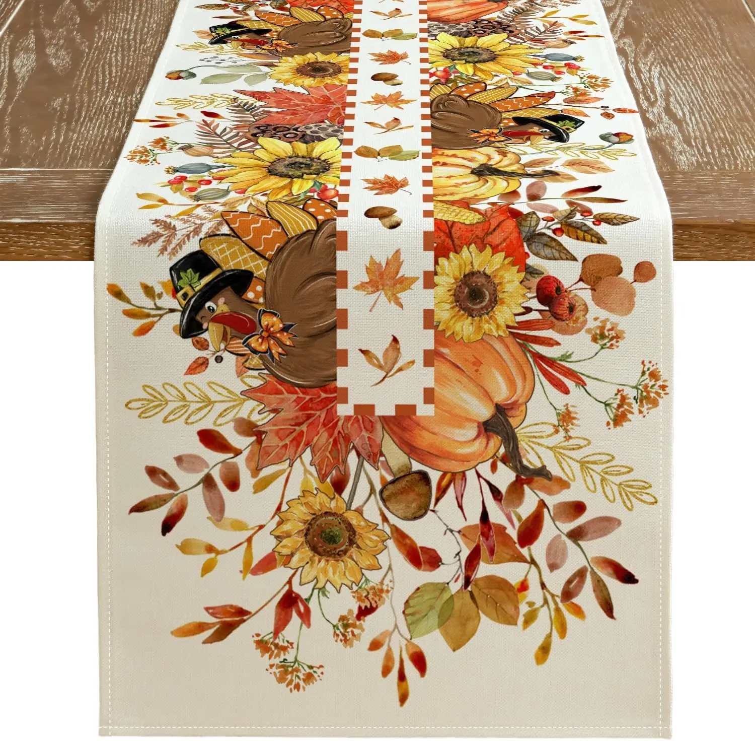 Thanksgiving Fall Turkey Pumpkin Floral Linen Table Runner for Autumn Kitchen Wedding Party Table Decor Thanksgiving Decorations