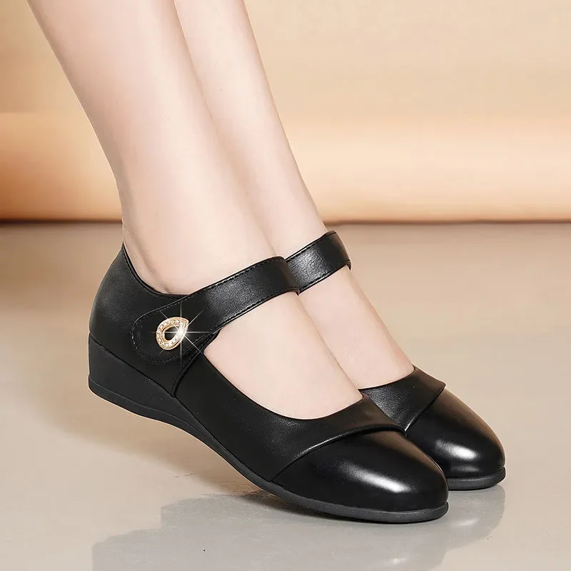 Student School Soft Patent Leather Wedge Heel Shoes Lady Classic Round Toe Spring & Summer Buckle Strap Anti Skid Heel Shoes A07