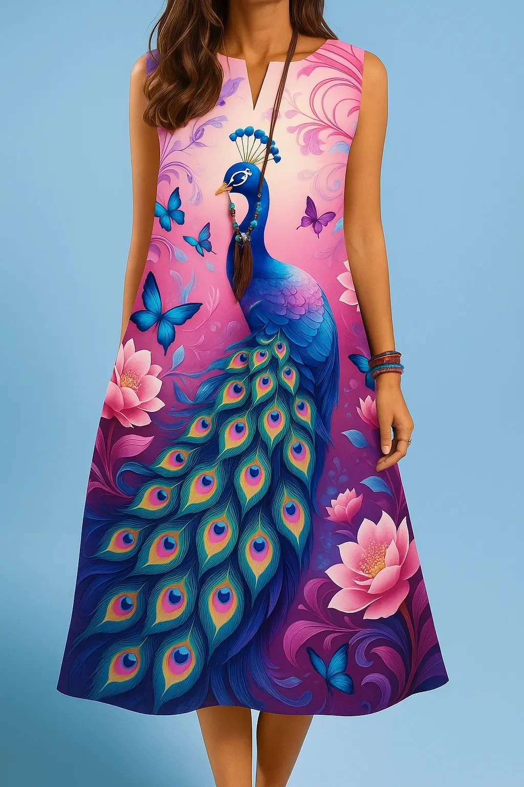 Women's kurt fashionable and elegant long sleeved straight tube casual V-neck peacock pattern new comfortable dress