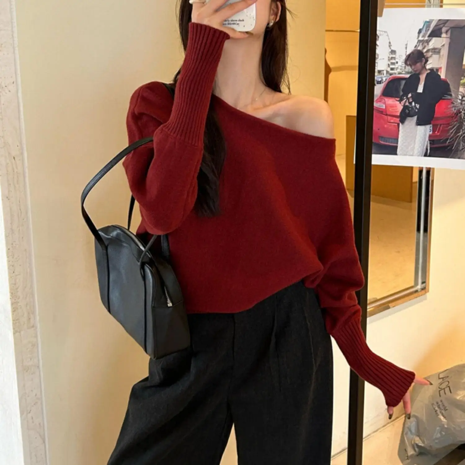 Einteiliger Kragen mit schräger Schulter, Strickpullover mit Laternenärmeln, koreanisches Damen-Outfit 2025, lockeres und schickes Hemdoberteil