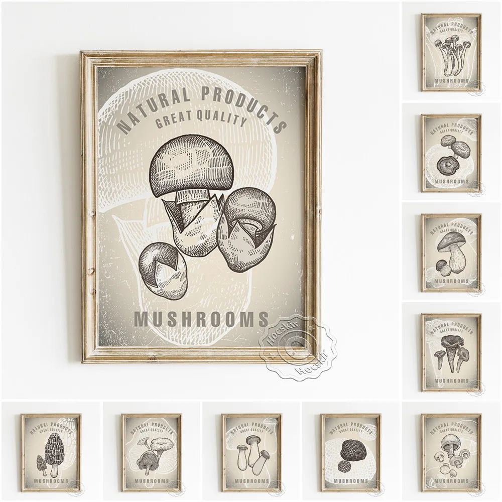 Natural Product Vintage Art Print Poster Mushroom Illustration Canvas Painting Home Decor Wall Stickers