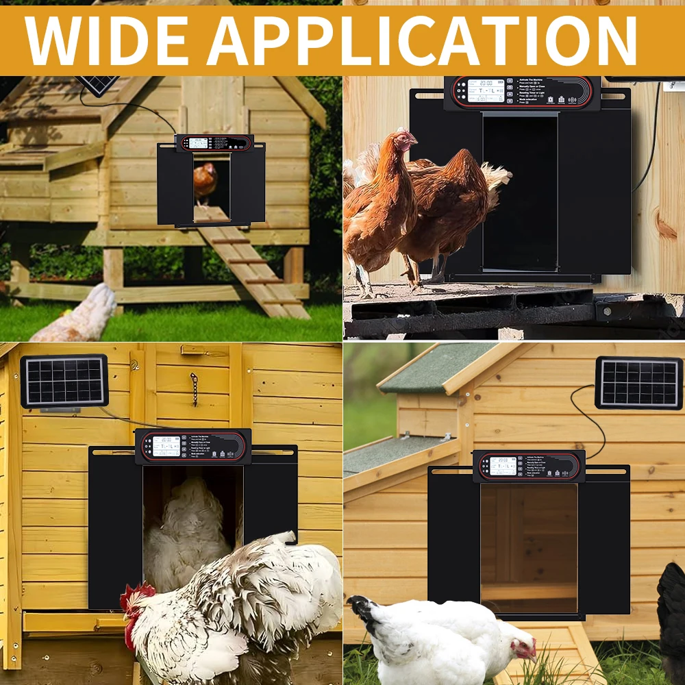 Automatic chicken coop door, anti pinch protection, large LCD display screen, timer and light sensor mode, solar powered automat