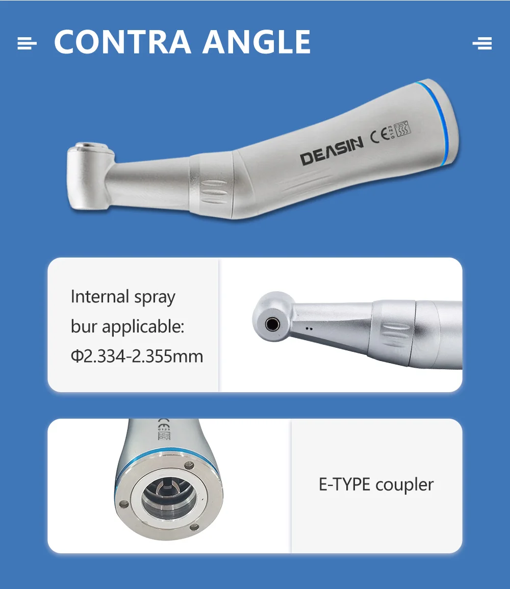 DEASIN Dental Inner Water Spray 1:1 Low Speed Turbine E- generator Contra Angle Blue ring Air motor Low speed handpiece