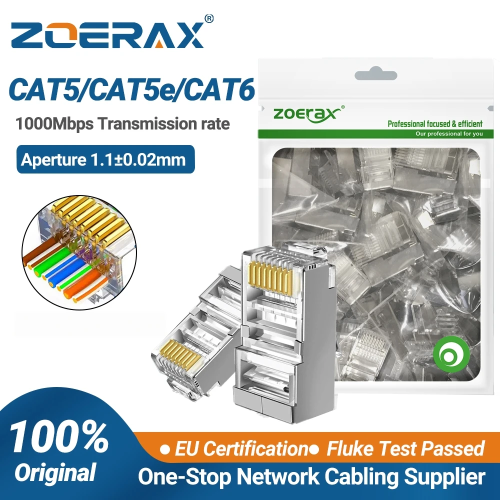 ZoeRax RJ45 Cat6A Cat6 Cat5e Pass Through Connector Gold Plated 3 Prong 8P8C Modular Plug for UTP/STP Stranded Ethernet Cable