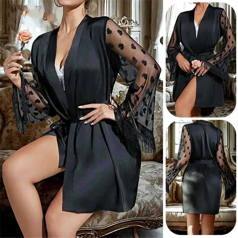 

Female Black Kimono Lace Sleeve Tassel Cuff Bathrobe Bride Weddig Robe Negligee Casual Satin Sleepwear Loungewear