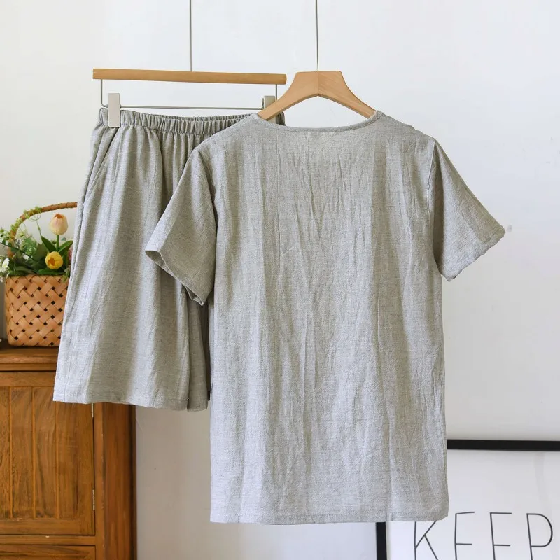Men's Spring and Summer 100% Cotton Crepe Pajamas Two-piece Clothes Sets Thin Large Size Loose Sports Home Wear Suit Sleepwear