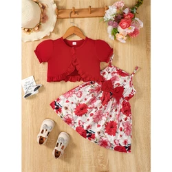 2PCS Kid Girl Dress Set Bubble Sleeved Cardigan+Floral Suspender Dress with Bow Summer Fashion Clothes Outfit for Child 1-6Years