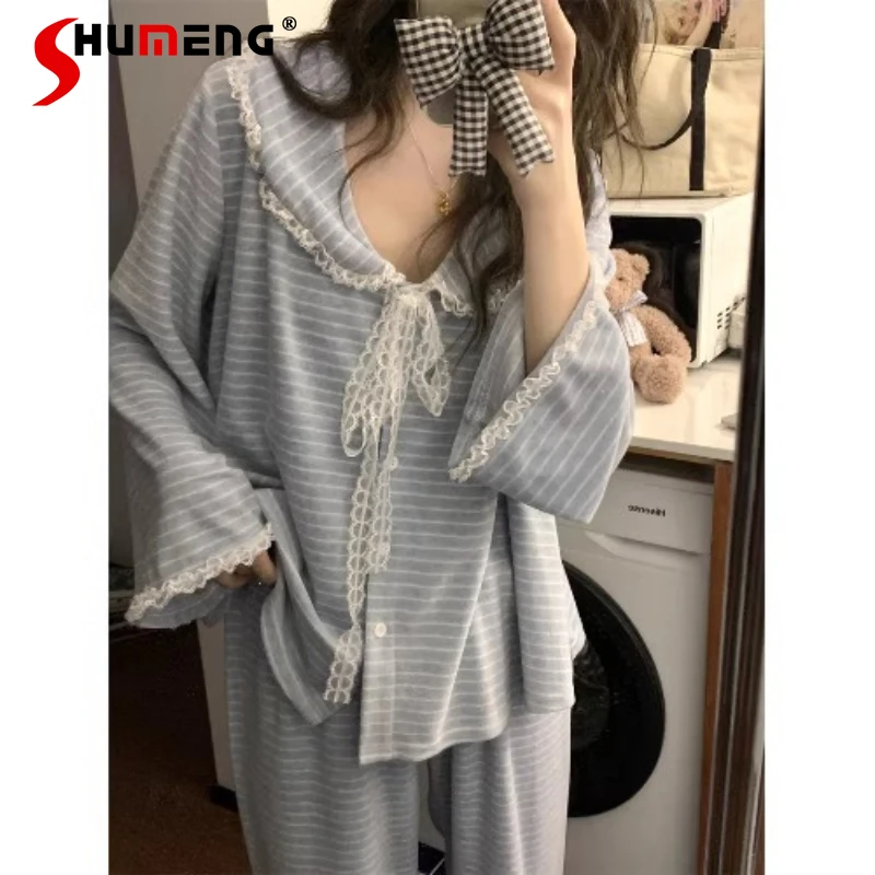 سميكة الأزرق مخطط منامة للنساء الخريف الشتاء جديد الدافئة الصوف النوم الدعاوى الإناث الراقية الصوف Homewear مجموعة