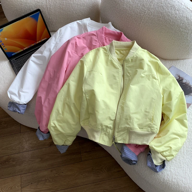 2025 ฤดูใบไม้ผลิและฤดูใบไม้ร่วงแขนเสื้อแจ็คเก็ตสั้นลายเสื้อแจ็คเก็ตเบสบอลผู้หญิงแจ็คเก็ตสีชมพู Daily Commuter อเนกประสงค์