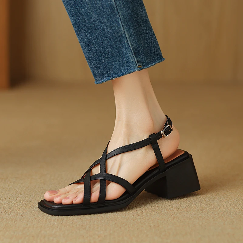 2024 New Summer Women Sandals Split Leather Shoes for Women Peep Toe Chunky Heel Shoes Sandals Gladiator High Heel Ladies Shoes