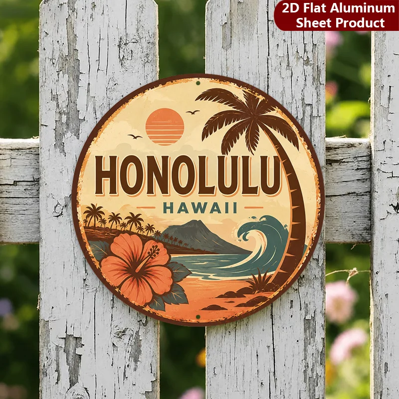 2D Flat, 1pc,Hawaii Theme Round Sign,Tropical Island Vintage Decorative Plaque,Palm Tree Porch Decorations,Wall Decorations,Home