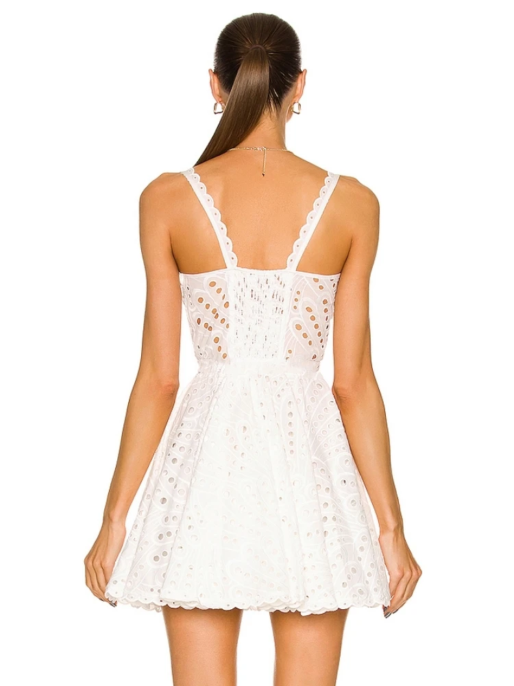 Summer Sexy Sleeveless Embroidery Hollow Out Mini Dress Women White Lace Straps High Waist A-Line Dress Party Evening Sundress