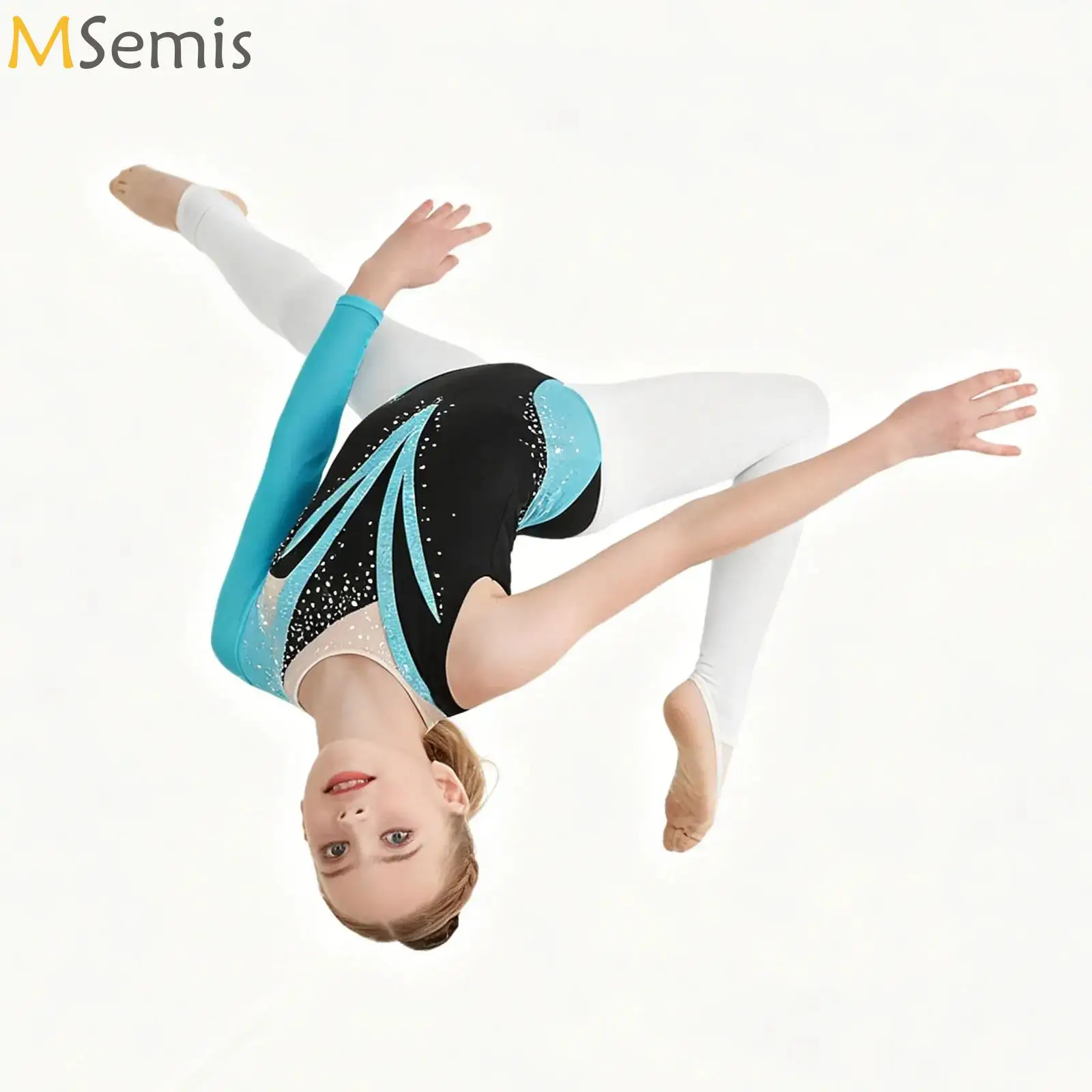 

Kids Girls Gymnastics Figure Skating Dance Bodysuit Asymmetrical Long Sleeve Shiny Rhinestones Color Block Slim Fit Leotard Tutu