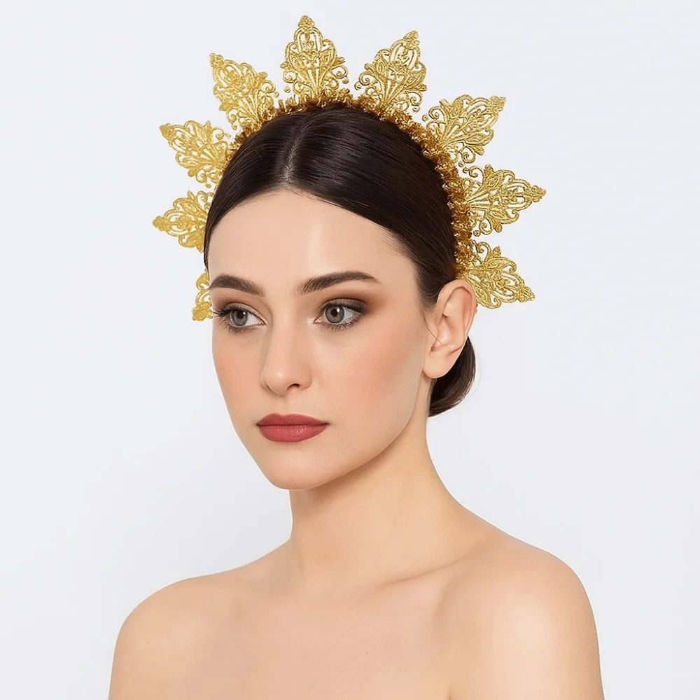 

Headpiece Flower Goddess Halo Headband Sun Rhinestone Women Hairband Gold Color Exaggerated Traditional Festival Hair Hoop Women
