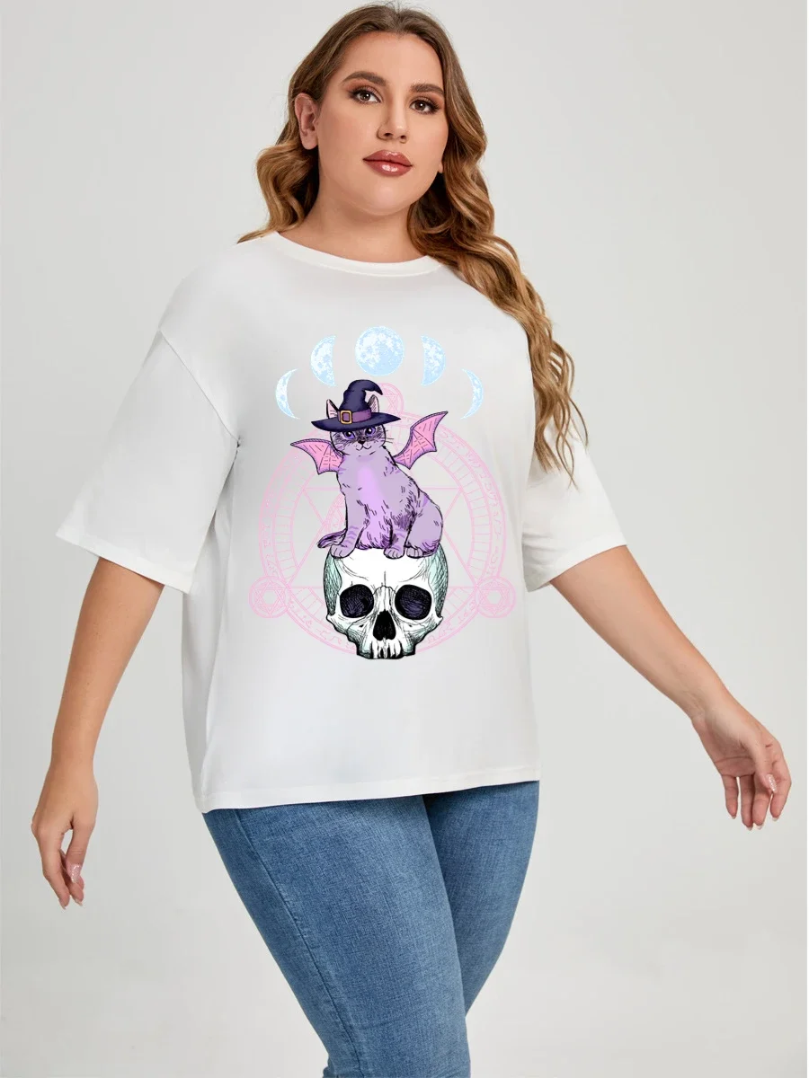 Plus Size Women T Shirt Hip-Hop Loose Punk Cat Skull Tops Tee Black T-shirt Female Summer T-shirt 90s Graphic Female Cool Tee