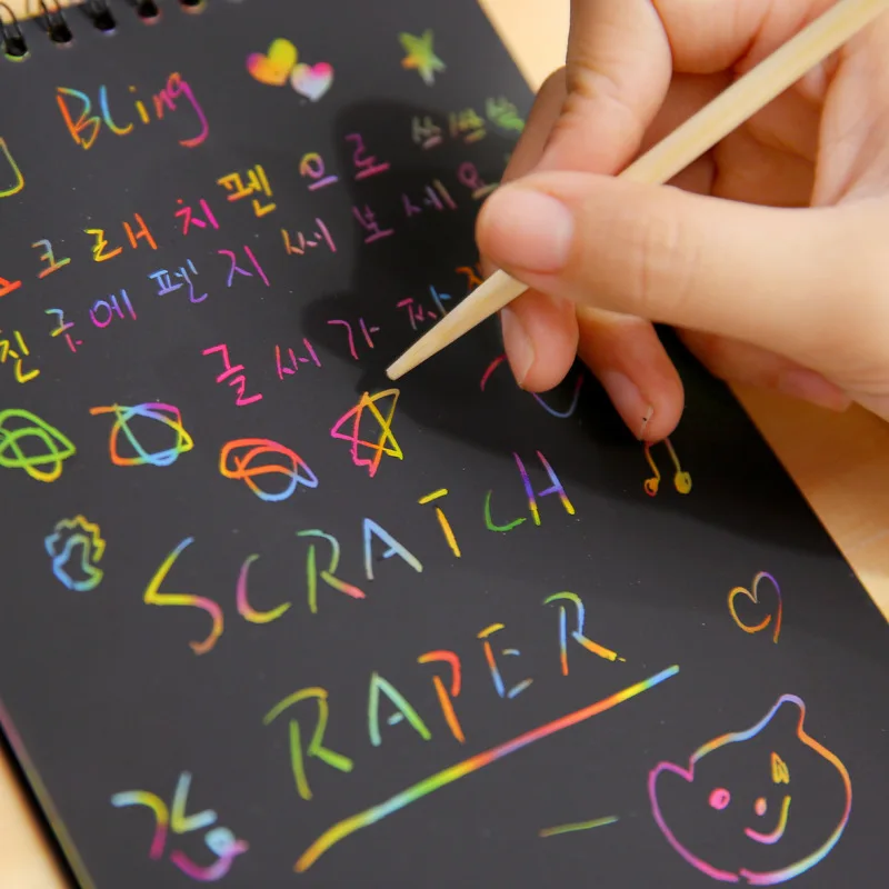 Cahier de graffiti noir pour enfants, jouets de dessin à gratter bricolage, papier de peinture, livre de dessin, cadeau amusant pour les petits