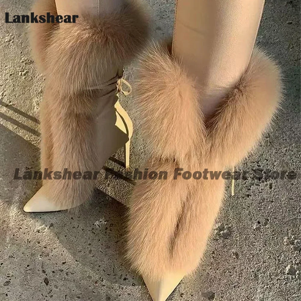 

White Fur High Stiletto Heels Ankle Boots Women Pointy Toe Lace-Up Booties Newest Female Stylish Shoe Ladies Winter Dress Shoes