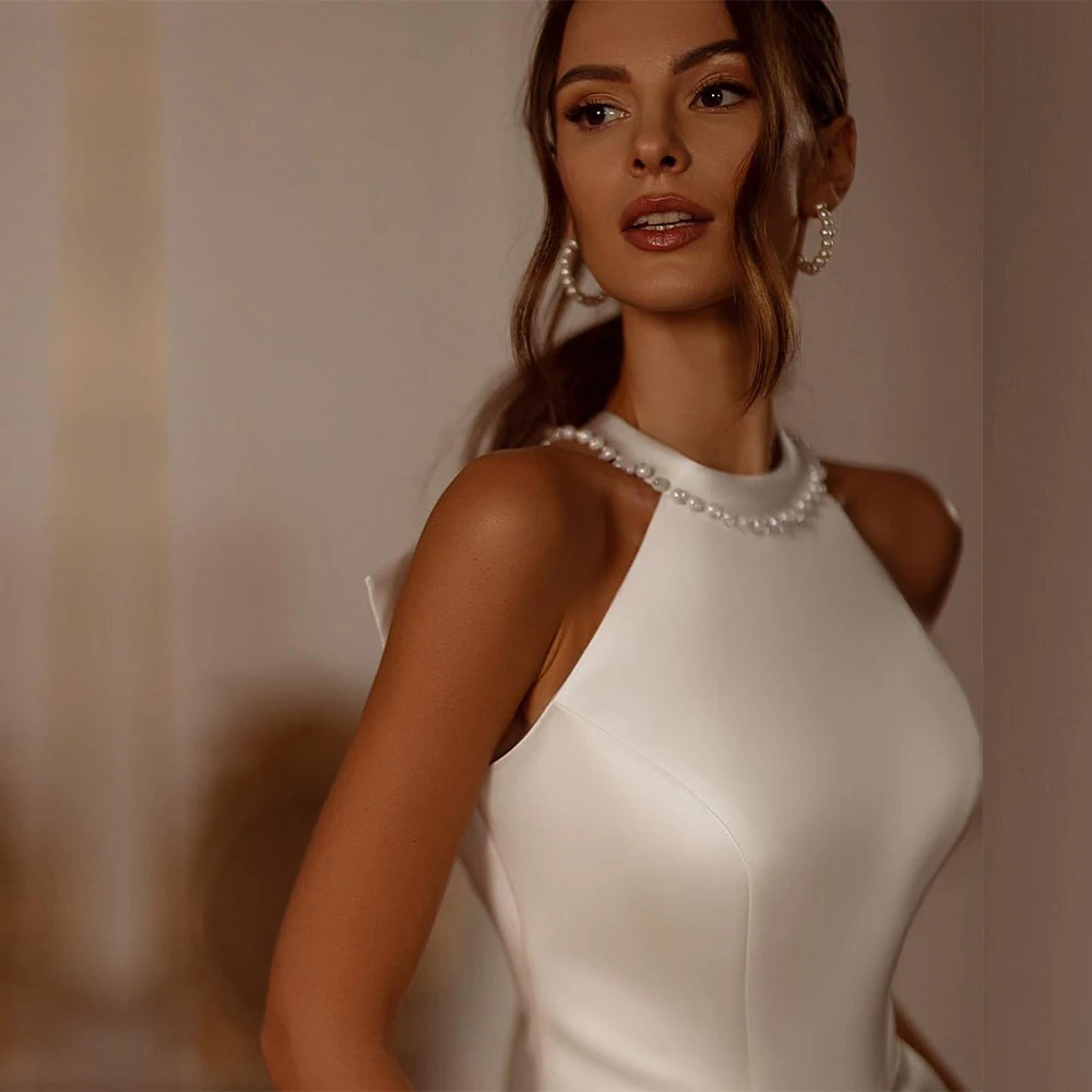 Elegante vestido de novia sin mangas con cuello Halter y perlas para mujer, traje de novia con abertura alta y lazo en la espalda, línea A, Simple, mancha, 2024