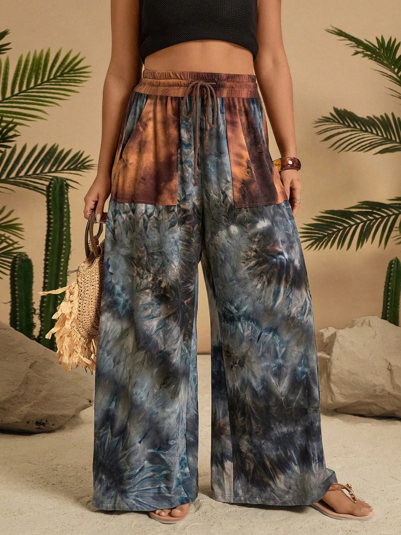 Damen Herbst und Winter 2025, neue lässige, hoch taillierte, lange Hose mit weitem Bein und Bohemian-Print