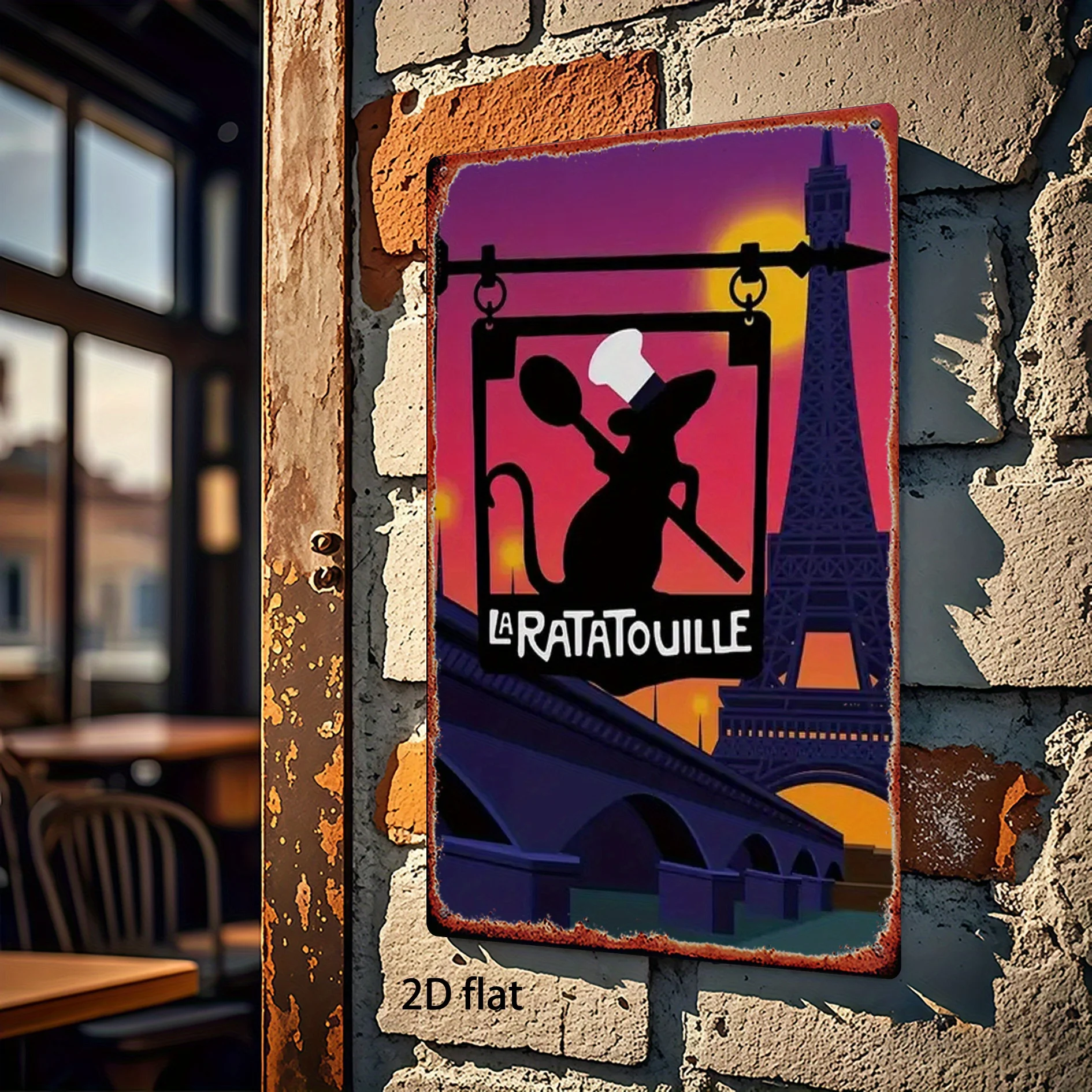قطعة واحدة من لوحات الحائط الحديدية من ديزني "راتاتالويل" باريس - لافتة معدنية ثلاثية الأبعاد لبرج الشيف ريمي وإيفل، 20.32 × 30.48 سم ديكور منزلي ريفي مع مسبقًا