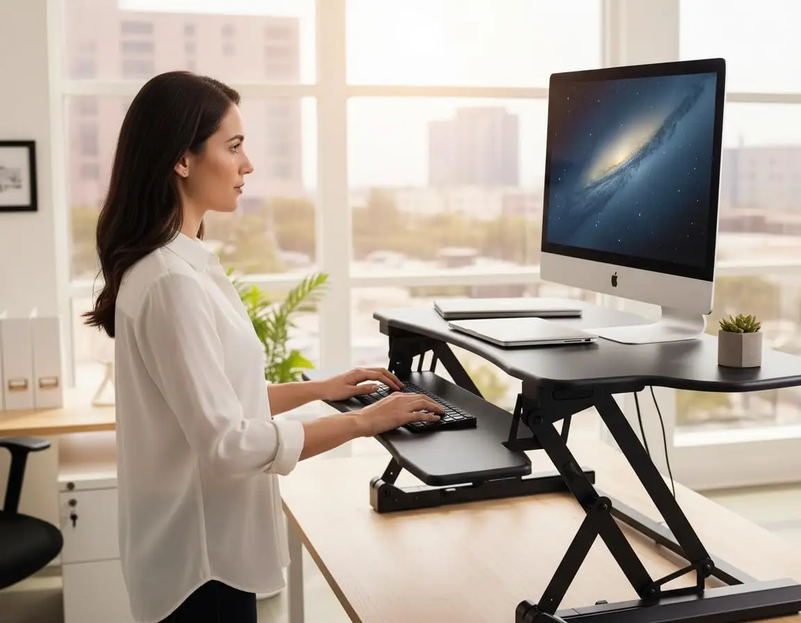 

Electric Standing Desk Converter with USB Port, Adjustable Height, Dual Monitor Stand, Keyboard Tray, Black