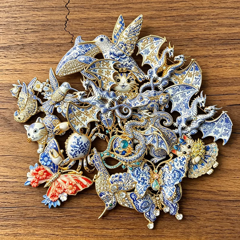 Blue and White Porcelain Style Animal Brooch Rhinestone Enamel Lapel Pins Vintage Costume Jewelry for Women Scarf Coat Decor view 3