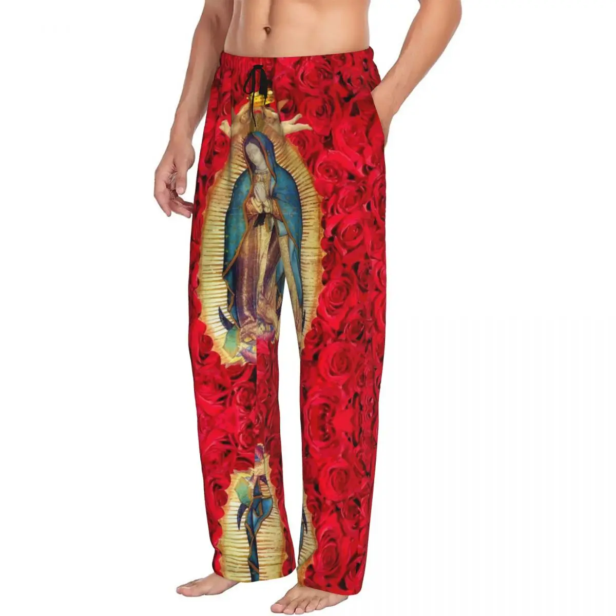 Custom Men Guadalupe Virgin Mary With Flowers Pajama Pants Printed Catholic Sleep Sleepwear Bottoms with Pockets