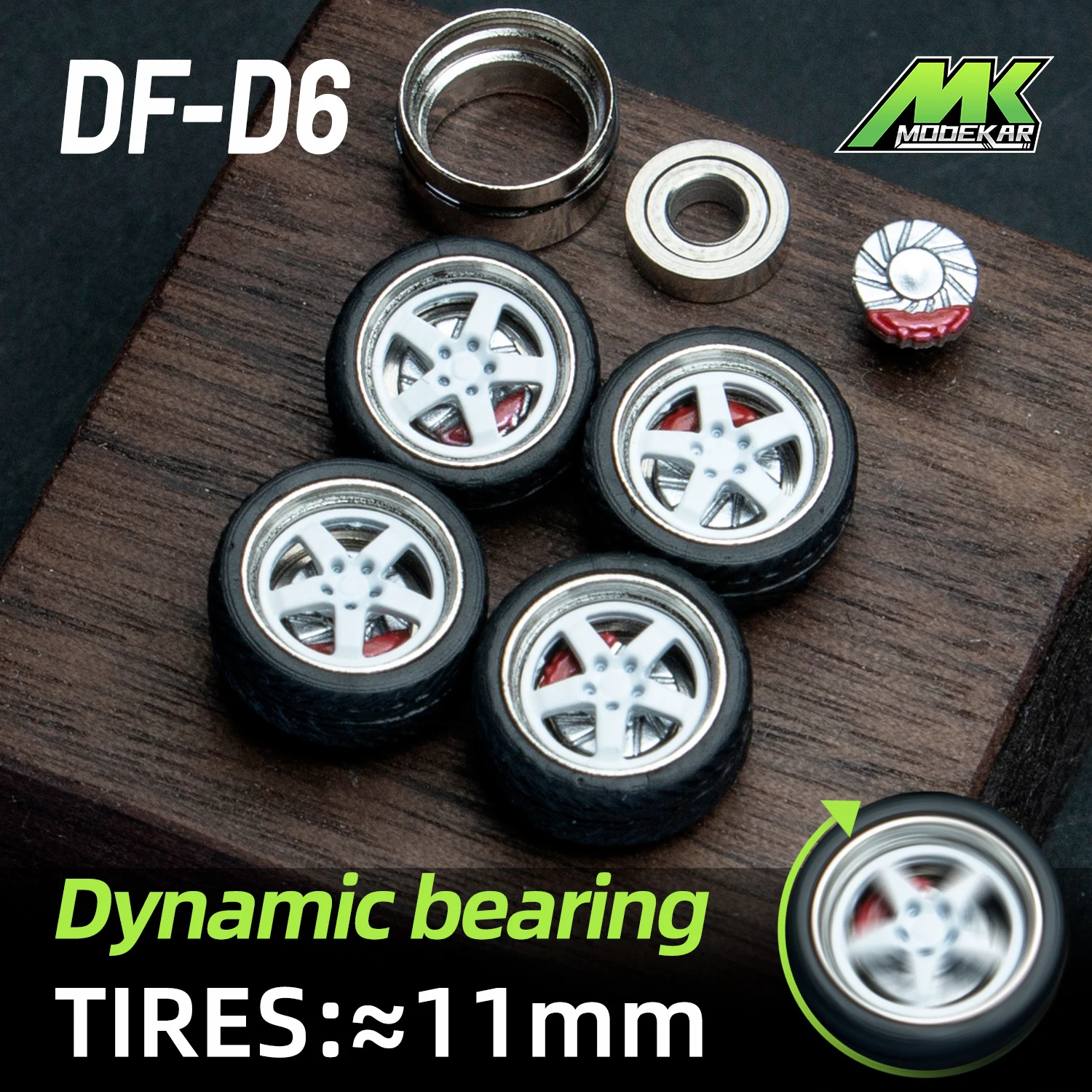 1/64 Scale Car Model Dynamic Bearing Wheels with Rotary Disc Brake Calipers Metal Wheels Modified Rubber Tires for Collectible