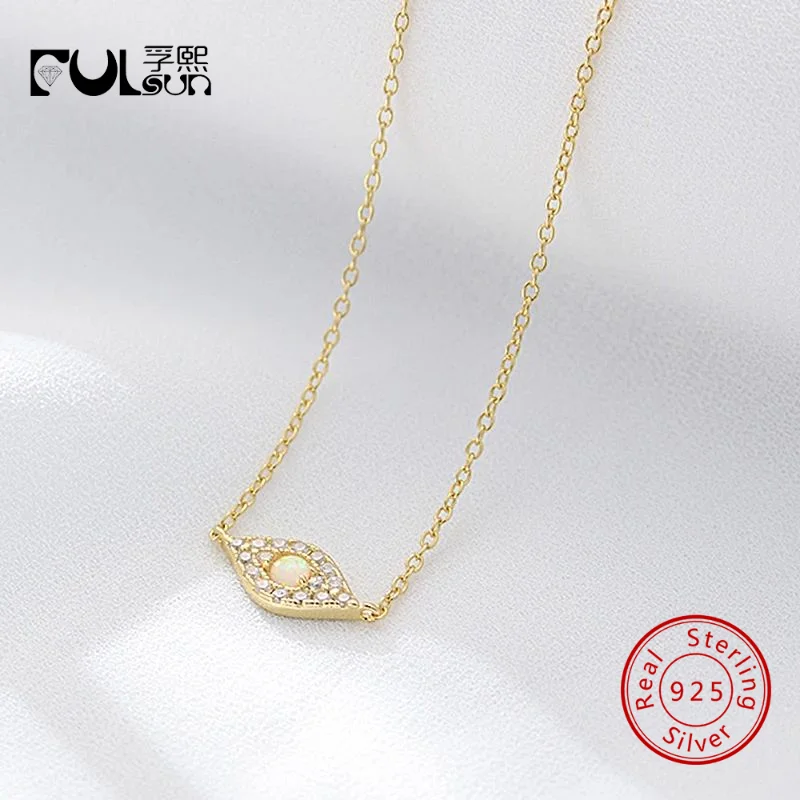 Collar con Colgante de Cadena Delgada de Plata de Ley 925, Chapado en Oro de 14K, con Ópalo y Ojo Turco, Joyería Fina para Mujer