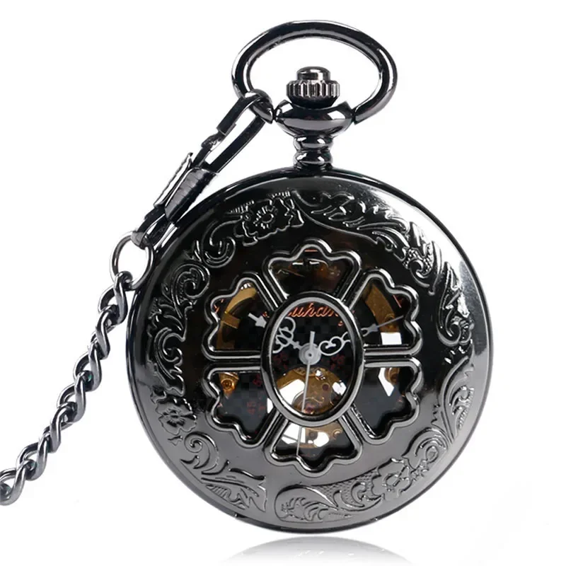 Antique Hollow Out Flower Case Men Women Handwinding Mechanical Pocket Watch Roman Number FOB Pendant Chain Relgio de bolso