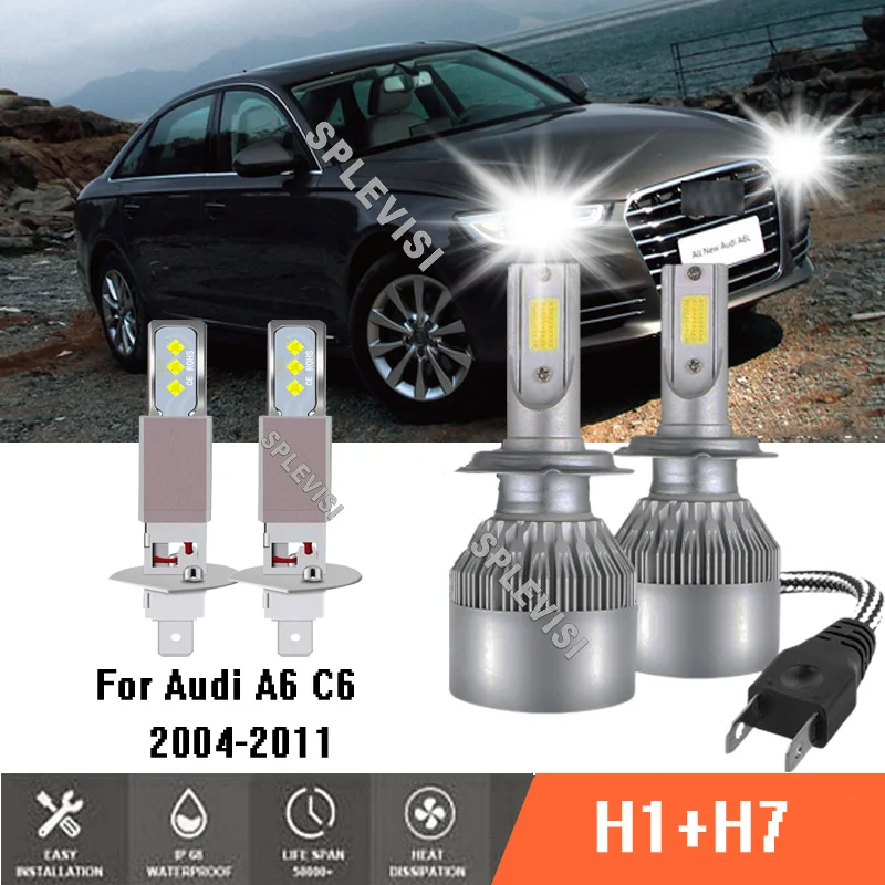 

4x 6000K White High Low Beam Headlight Bulbs Car Lamp Light Set For Audi A6 C6 2004-2011 2005 2006 2007 2008 2009 2010 2011