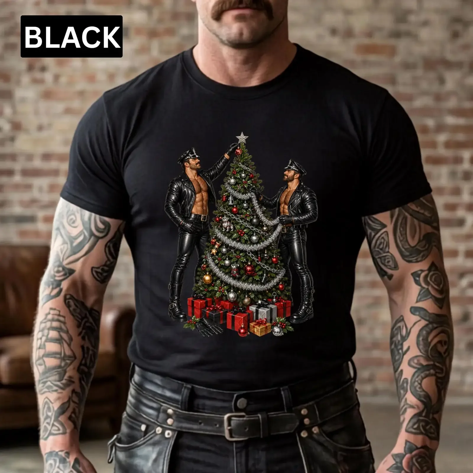 Tom of Finland Style Leather Christmas T shirt Gay Couple Vintage Holiday Pin Up  vintage Washed Comfortable Stretched
