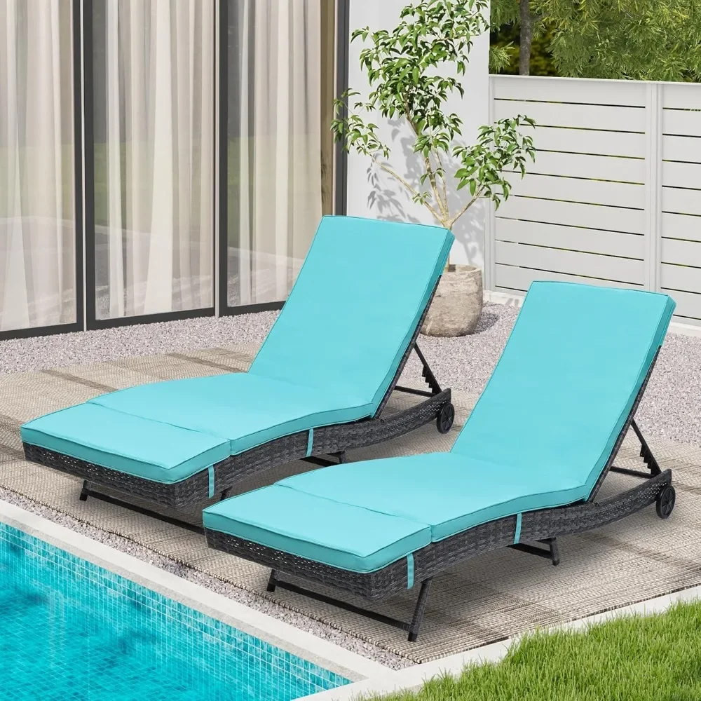 

Rattan Lounge Chair Set of 2 - Wicker Outdoor Chaise Lounge with Wheels, Removable Cushion, and 5-Position Backrest