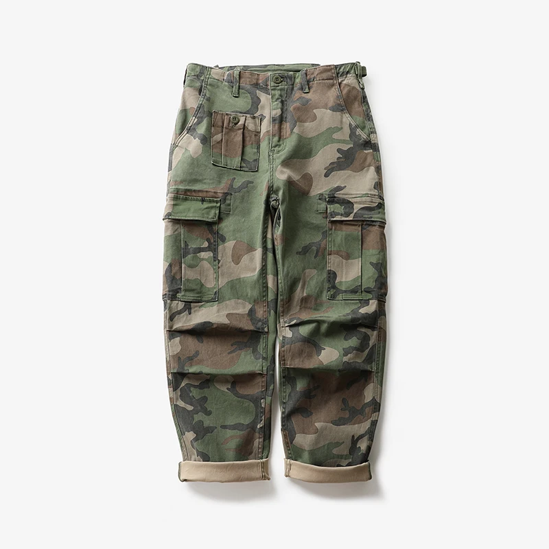 

Retro American Military Style Men's Casual Camouflage Straight Leg Outdoor Work Trousers Multiple Pockets Washed Effect