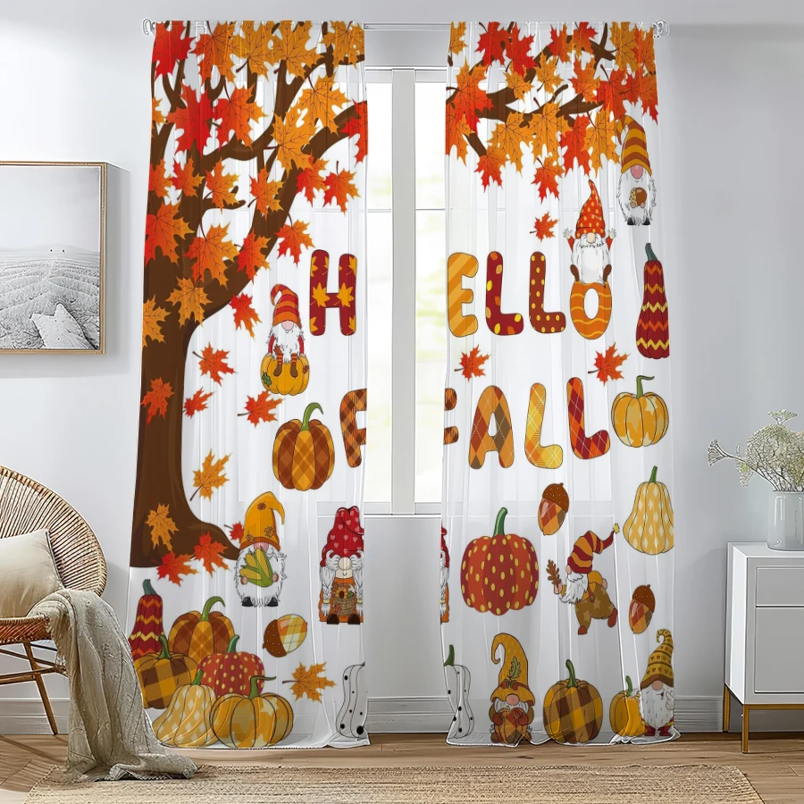 2PCS Digital Print Sheer Curtain, Fall Maple Leaf Pumpkin Gnome Hello Fall Window Drapes for Living Room Bedroom Home Decor