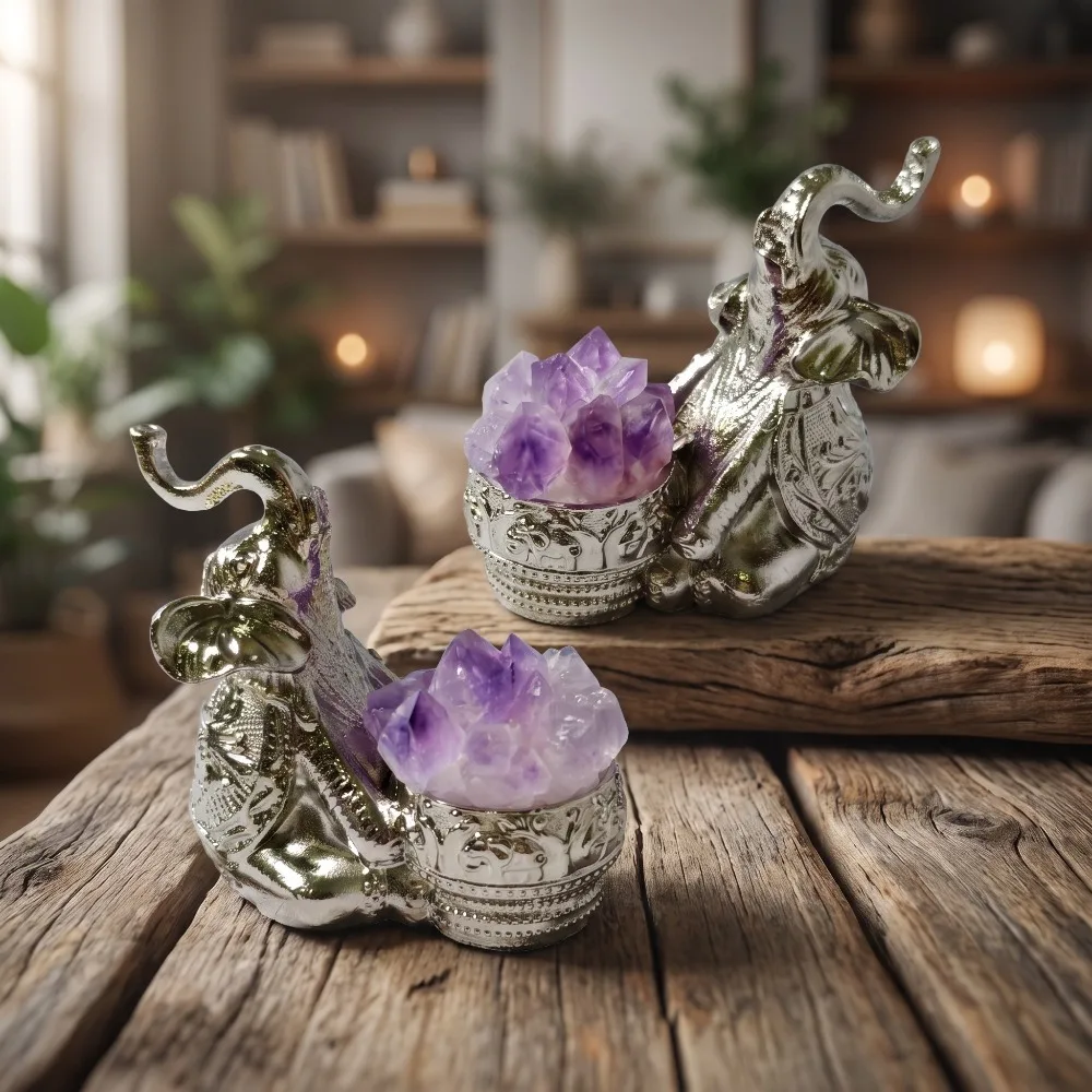 Silver Plated Elephant Figurine with Natural Amethyst Cluster, Resin Animal Statue Desktop Ornament, Home Decor Collectible Gift