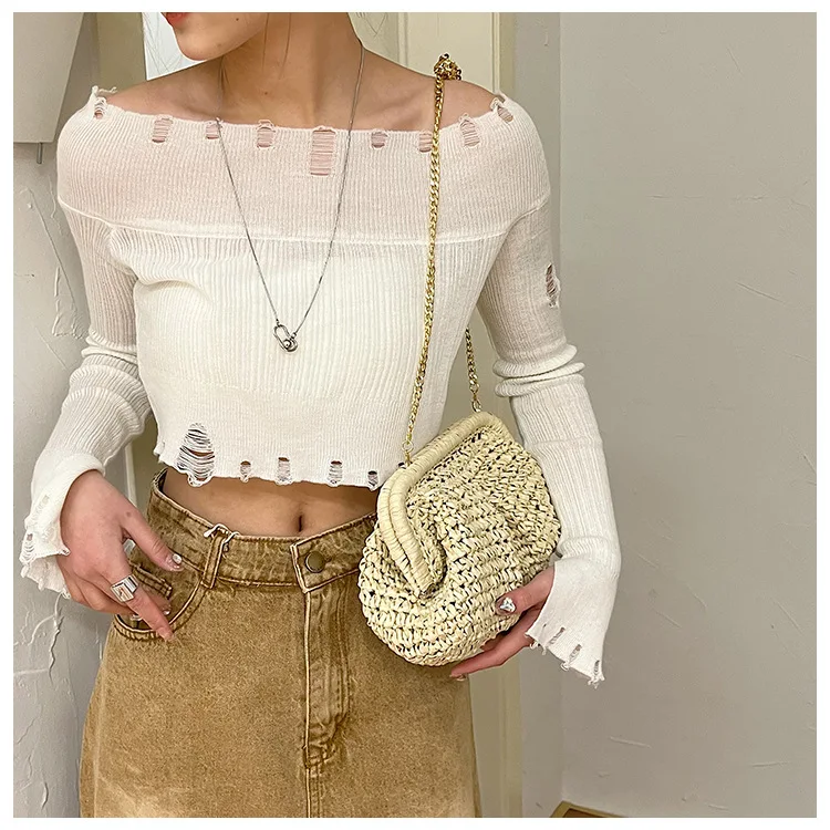 Raffia Crochet straw clutch bag women handmade summer beach woven handbag  khaki natrual green rose 2023 new