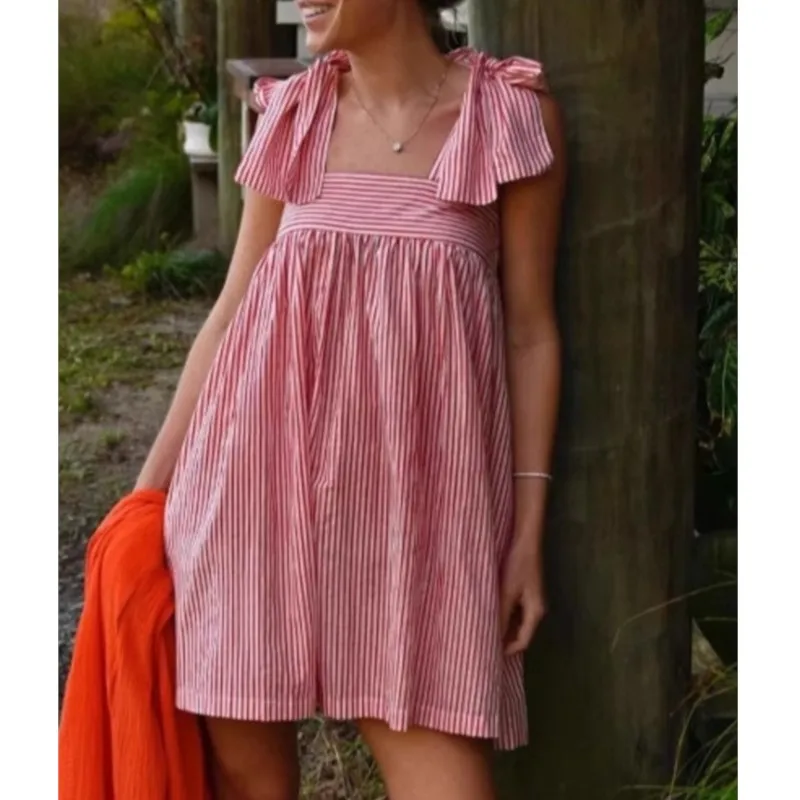 Mini abiti da donna con cravatta floreale sulla spalla Nuovo fiocco con collo quadrato Abito da babydoll Boho Flowy Vestito estivo 2025 Abiti estivi da spiaggia