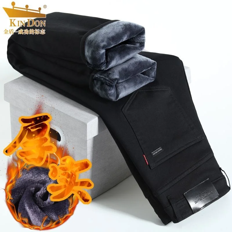 Tendenza moda invernale tinta unita con jeans caldi morbidi e spessi per jeans sportivi larghi casual da uomo a gamba dritta di alta qualità