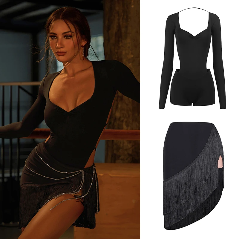 

Одежда для танцев для взрослых для женщин, костюм для латинских танцев румба, сексуальный топ с открытой спиной, юбка с бахромой, сценический костюм SL14437