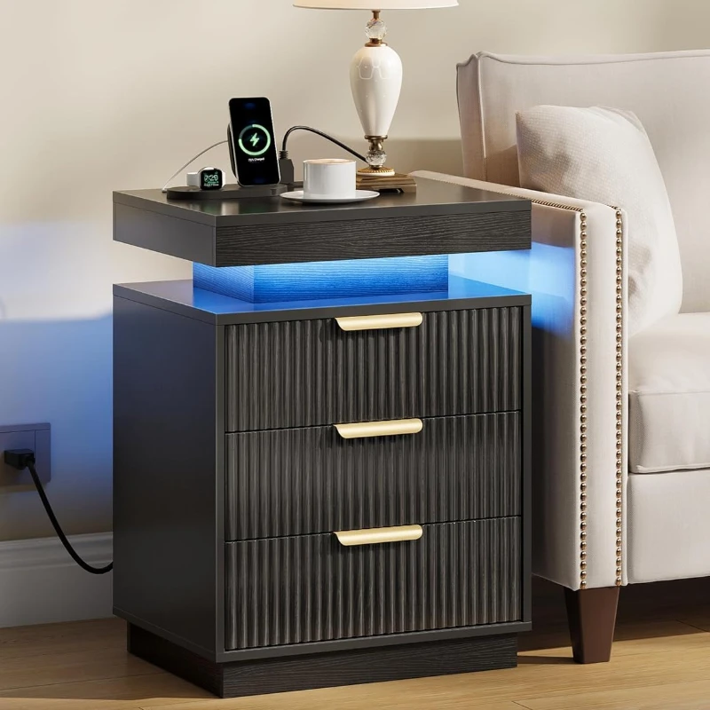 

Black Nightstand Charging Station LED Modern Bedside Table 3 Fluted Drawers Floating Top 2 AC Outlets 1 USB-A 1 Type-C Bedroom