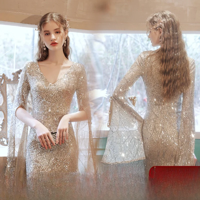 

Silver Starry Long Sve Evening Gown Birthday Par Performance Dr Ele Women's Silk Satin mid Waist Dr