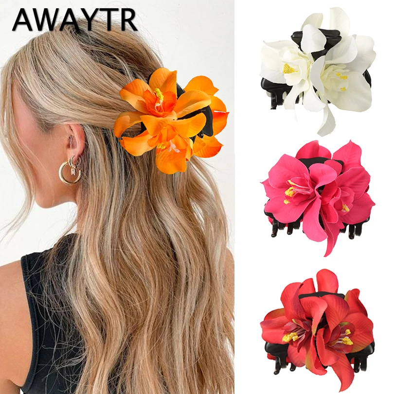 AWAYTR Fabric Flower Hair Claw Clips Women Girls Large Shark Clip Hair Clip Barrette Ponytail Hair Clamps Hair Accessories