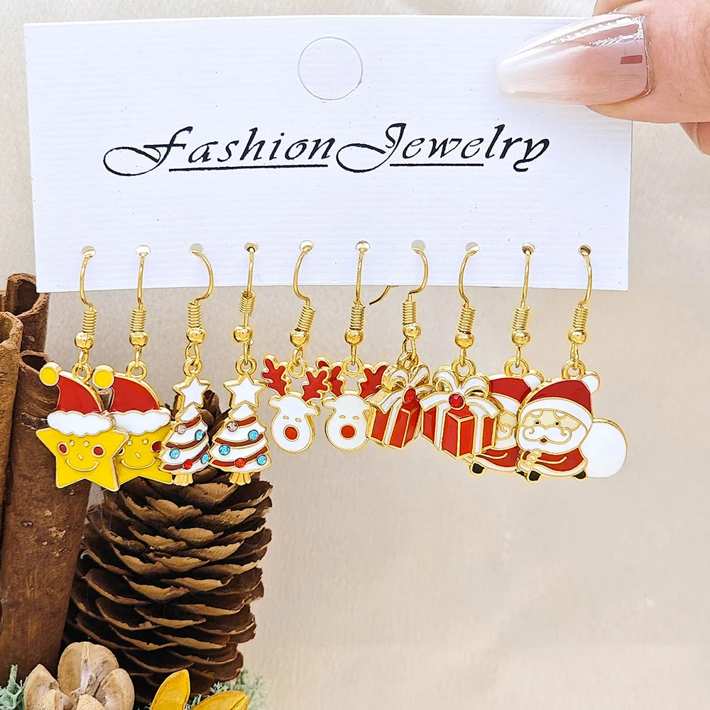 10PCS Christmas Earrings Set Hot Selling Cartoon Dripping Oil Elk Santa Claus Tree Winter Jewelry Party Gifts for Women Girls