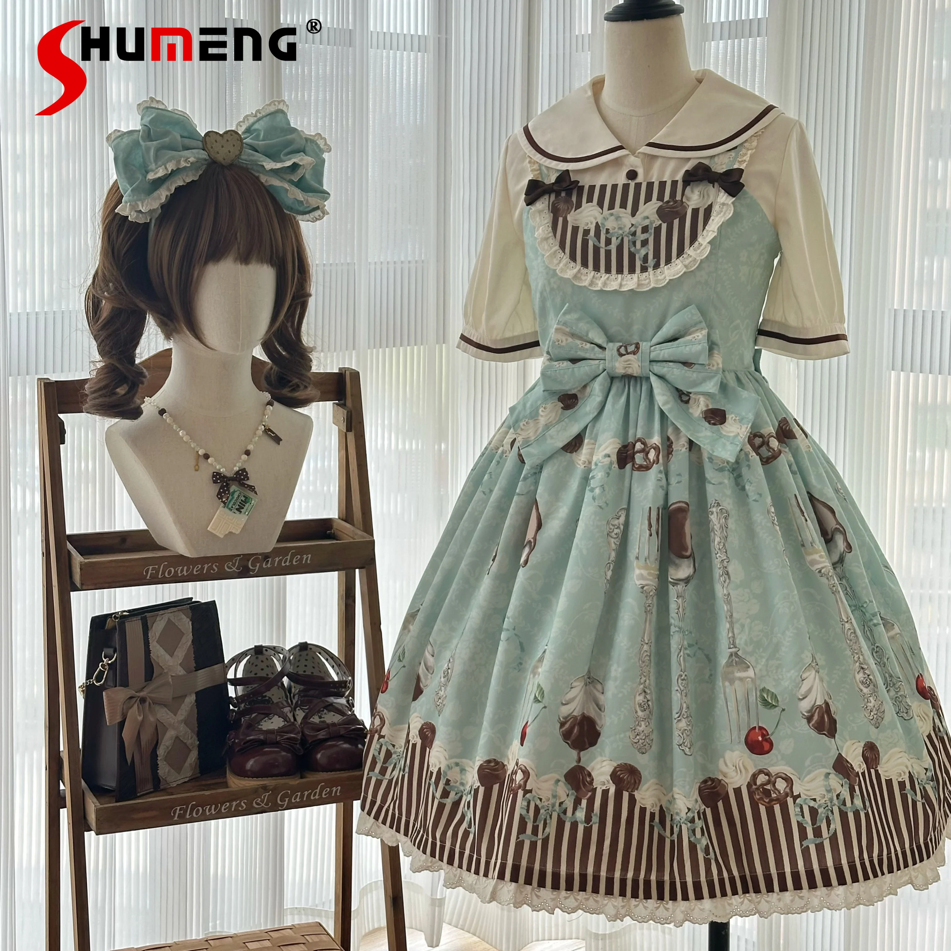 

Original Japanese Sweet Girls Lolita Dresses Spring Autumn New Cute Bow Print High Waist Jsk Dress Kawaii Ladies Green Dresses