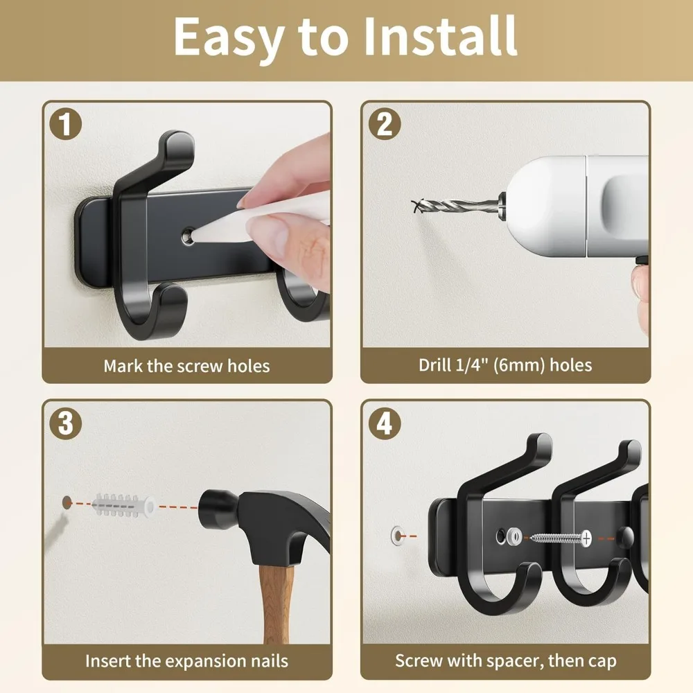 Heavy Duty Metal Wall Coat Rack with Six Hooks for Hats Clothes Robes Keys Backpacks Towels Jackets Purses