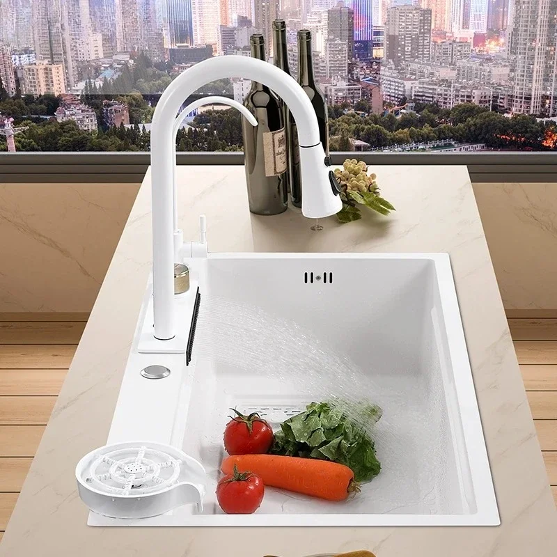 

New Design White Multi-functional Stainless Steel 304 Wash Sink Waterfall Faucet Single Kitchen Sink with All Accessories