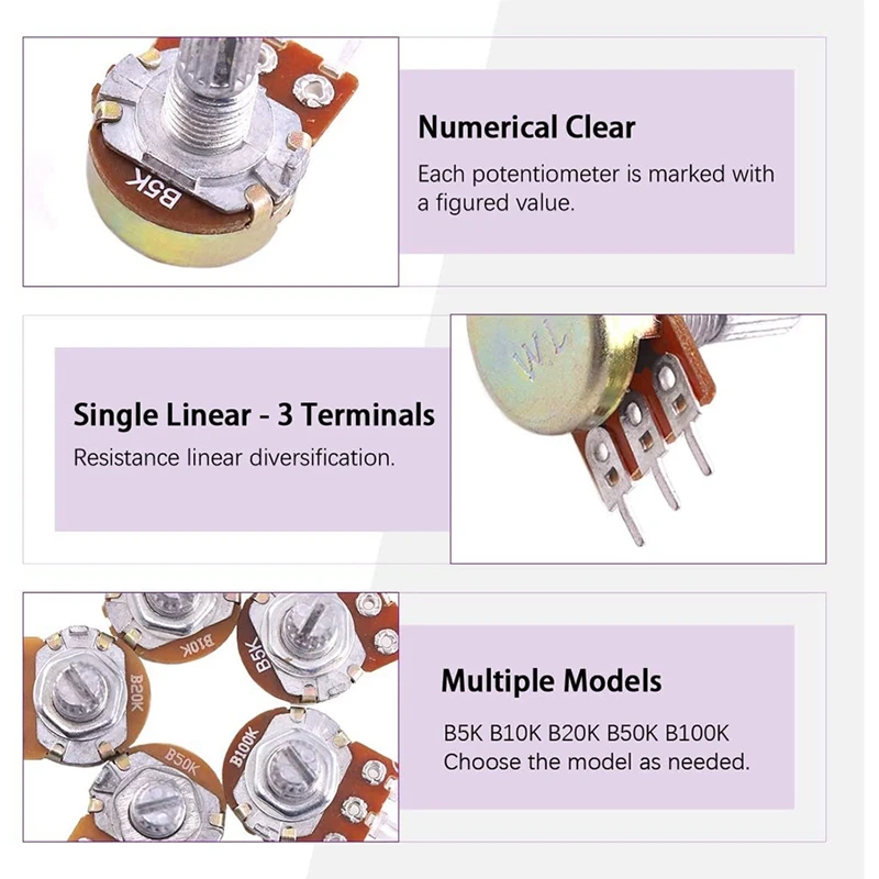 60PCS B5K 10K 20K 50K 100K Ohm Knurled Shaft Linear Rotary Taper Potentiometer With Knob(WH148) And Washers And Nuts Kit